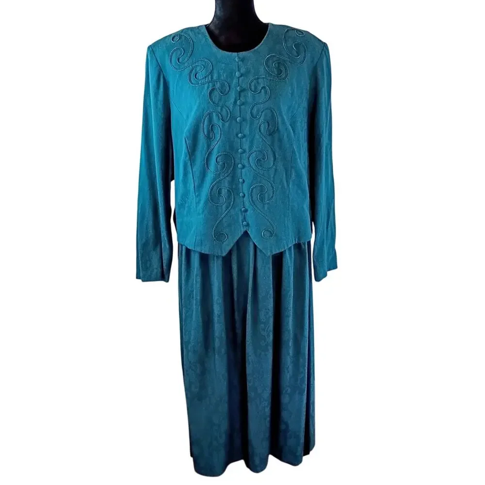 Lady Dorby Women's Vintage Formal Dress 3XL Teal Rayon Polyester Embroidered - Picture 2 of 6